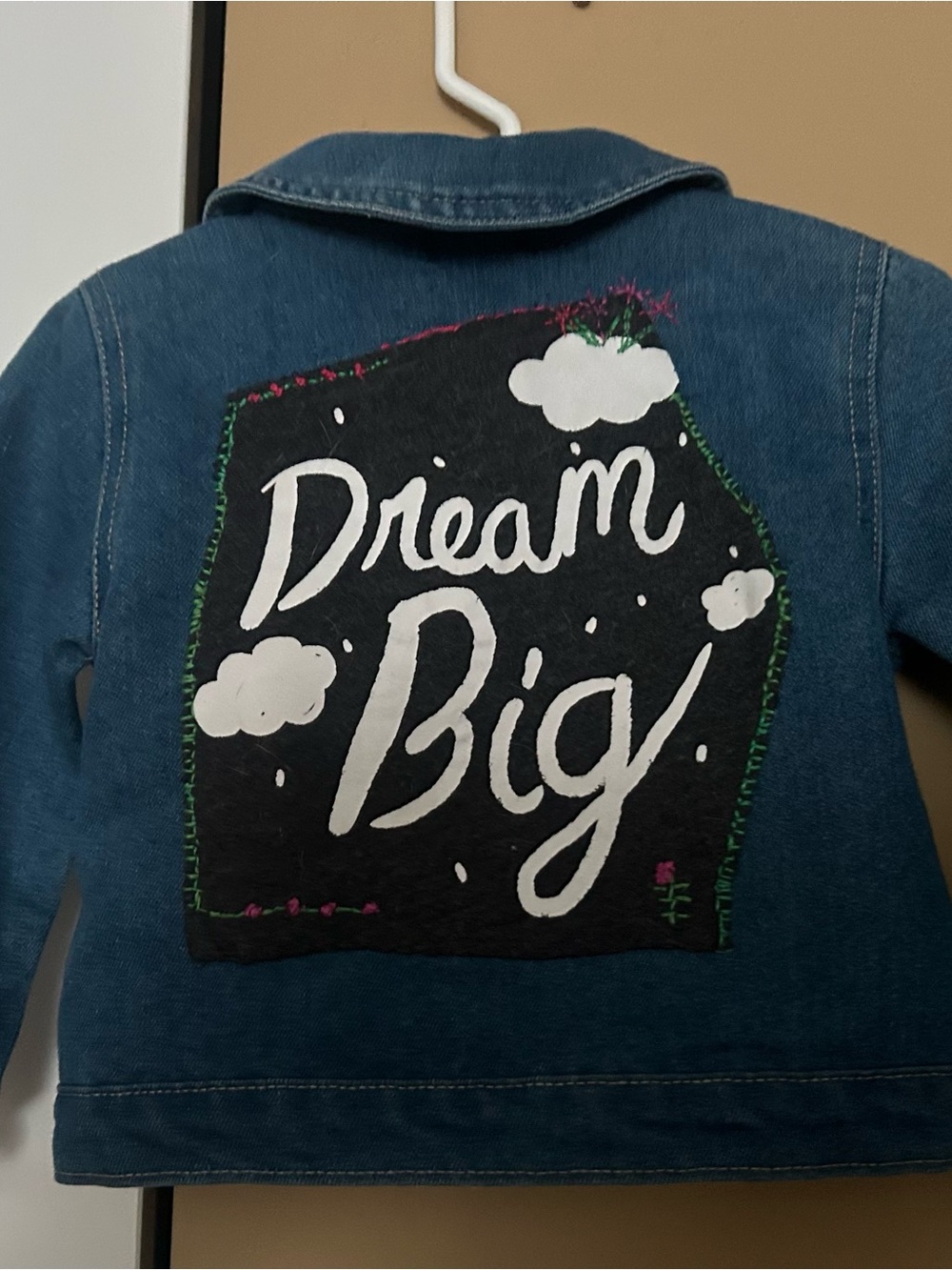 Denim toddler jacket “Dream Big” applique